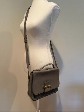 Fossil Gray Leather Crossbody Satchel with Gold-Tone Accent